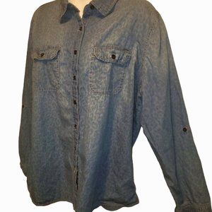 Dressbarn women shirt blue cheetah print XL faux jean regulated sleeve length